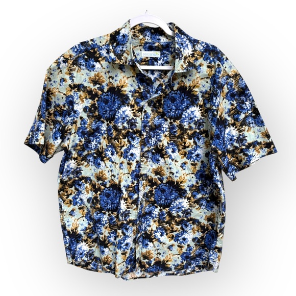 Seaplane Blue and Brown Abstract Floral Tropical Casual Button Down Shirt L - Picture 1 of 6